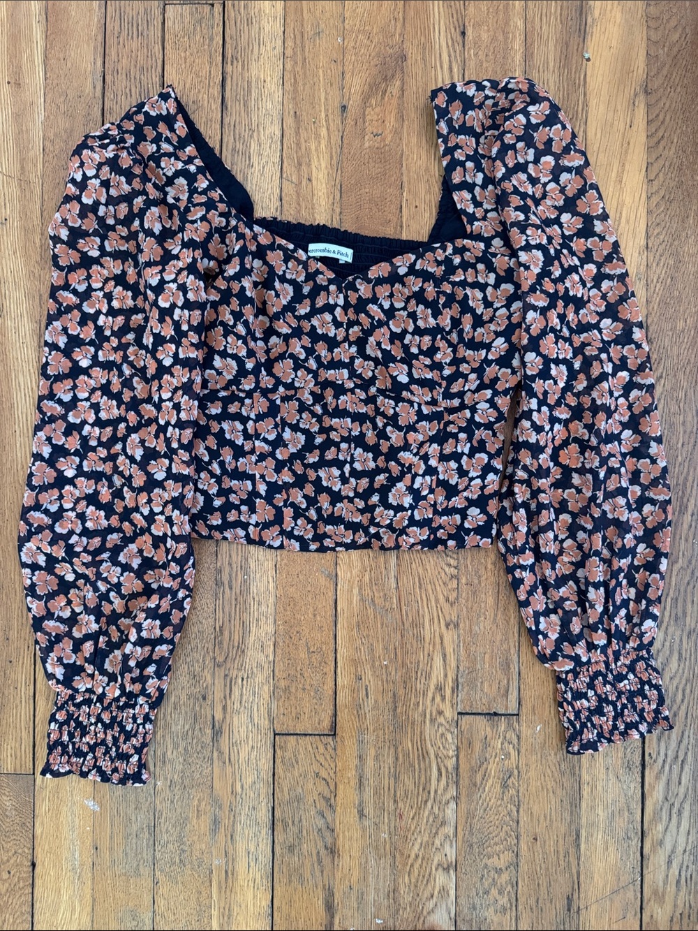 Abercrombie & Fitch Black Cropped Square-Neck Top with Rust Floral